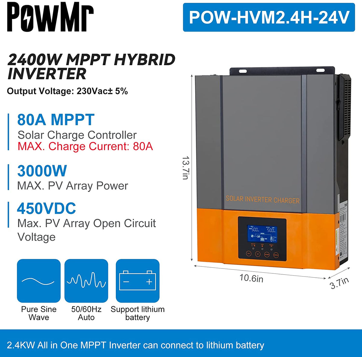 Powmr 2400w Solar Hybrid Inverter 24vdc To 220 230vac Built In 80a Mpp