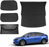 powoq Fit Tesla Model Y Trunk Mat Floor Mats Cargo Mat Cargo Liner Floor Liner Trunk Liner for 2020 2021 2022 Tesla Model Y 5-Seater Accessories (Four Trunk Mats + Floor Mats)