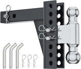 PLIOSAUR Adjustable Dual Ball Mount Heavy Duty (12000lbs Rating) Maximum 6-1/2" drop /7-1/2" Rise Trailer Hitch with 2" and 2-5/16" Ball for 2" Hitch Receiver (Black Textured Powder Coat, Solid Steel)