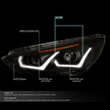 DNA Motoring HL-HPL-LED-FF16-BK-SM-AM Smoke Lens Projector Headlights With Dual U-Halo DRL Replacement For 15-18 Focus