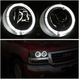 DNA Motoring HL-HPL-SIE994P-BK-AM Black Amber Dual LED Halo Rings Projector Headlights Replacement For 99-07 Sierra