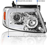 Spec-D Tuning Sequential LED Light Bar Signal Chrome Housing Clear Lens Projector Headlights Compatible with Ford F150 2004-2008, 06-08 Lincoln Mark LT, L+R Pair Head Light Lamp Assembly