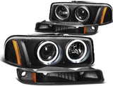 DNA Motoring HL-HPL-SIE994P-BK-AM Black Amber Dual LED Halo Rings Projector Headlights Replacement For 99-07 Sierra
