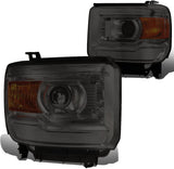 DNA Motoring HL-OH-GMCS14-SM-AM Smoke Lens Amber Side Projector Headlights Replacement For 14-17 Sierra