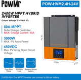 PowMr 2400W Solar Hybrid Inverter 24VDC to 220-230VAC,Built in 80A MPPT Solar Charge Controller,Off-Grid Pure sine Wave Inverter,Work with 24V Lead Acid & Lithium Battery,Solar Power Utility Generator