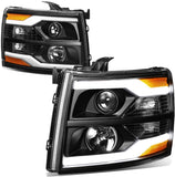 DNA Motoring HL-HPL-CSIL07-G2-BK-AM Black Projector Headlights With 3D LED Running Light Replacement For 07-14 Silverado