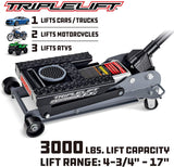 Powerbuilt 3000 Pound Triple Lift Garage Jack, Heavy Duty Vehicle, Truck, Car, Motorcycle, Transmission Lift, 1.5 Ton Capacity, 620622