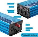 ALFFAA 1500W Solar Power Inverter 12V to 110V with Built-in 5V/2.1A USB Port,Hardwire Terminal, LCD Display,Pure Sine Wave Inverter 12V DC to 120V AC Converter for Home, RV, Truck (1500W)