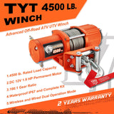 TYT 12V Electric 4500 lb ATV/UTV Winch Kit, Off-Road Waterproof Steel Cable Winch for Towing UTV/ATV Trailer Car, Complete Winch Kit with 2 Wireless Remote and Wired Handle
