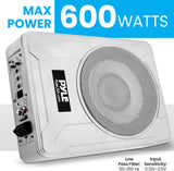 8-Inch Low-Profile Amplified Subwoofer System - 600 Watt Compact Enclosed Active Marine Underseat Car Subwoofer with Built in Amp, Powered Car Subwoofer w/Low & High Level Inputs - Pyle PLMRSBA8