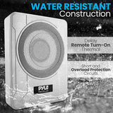 8-Inch Low-Profile Amplified Subwoofer System - 600 Watt Compact Enclosed Active Marine Underseat Car Subwoofer with Built in Amp, Powered Car Subwoofer w/Low & High Level Inputs - Pyle PLMRSBA8
